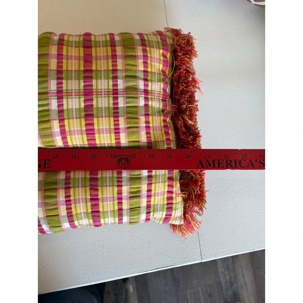 Pink Green Yellow Plaid Lumbar Throw Pillow with‎ Fringe Trim 20x12 Accent Boho